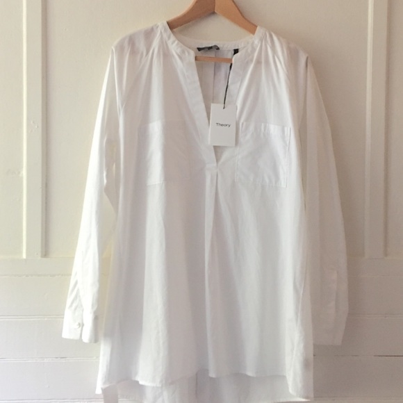 NEW Theory White Cotton Button Back Popover Tunic High/Low Hem Split Back Large - Picture 5 of 15